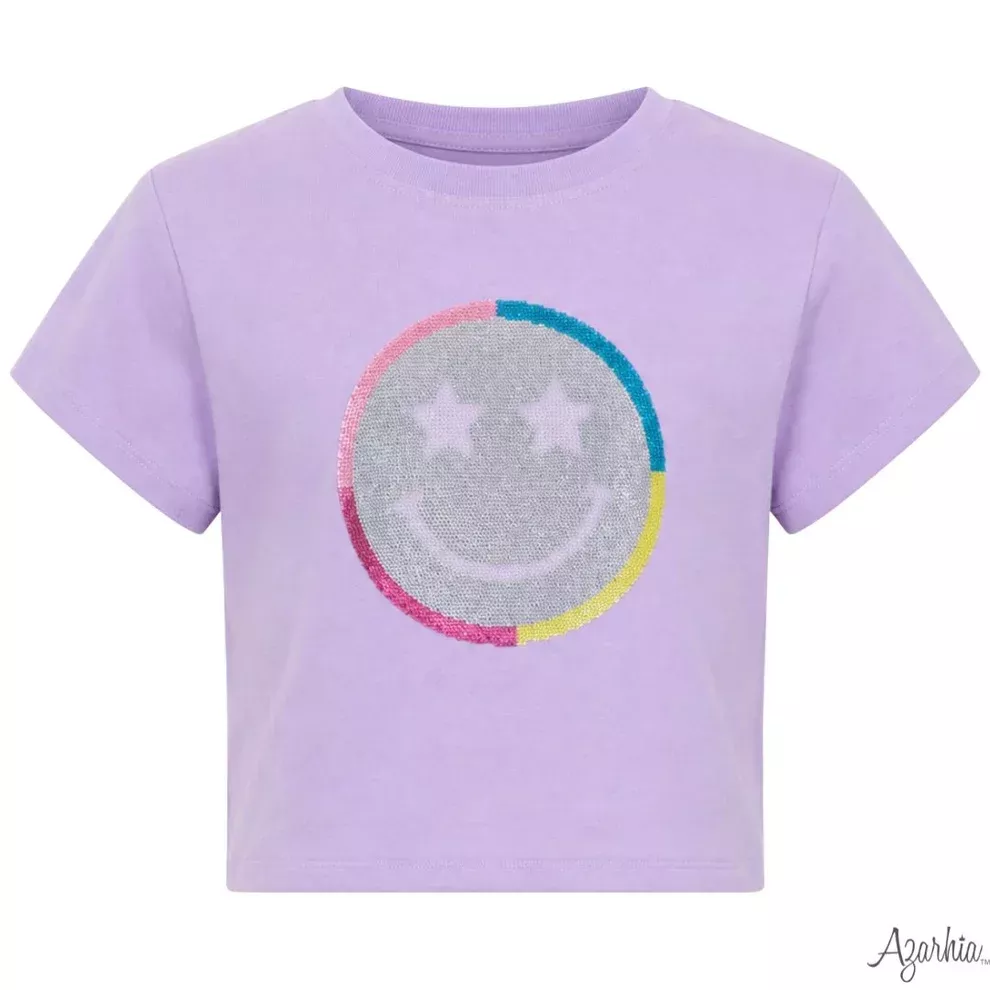 Azarhia White Boxy Tee - Sequin Star Smiley Face