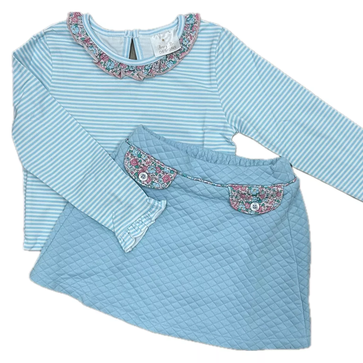 Blue Striped Knit Top & Quilted Skort 2Pc Set